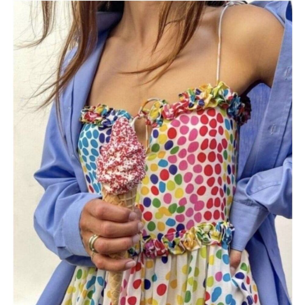 All Things Mochi Rainbow Mini Dress Polkadot Silk Chiffon Ruffle Designer $365 - Picture 2 of 14
